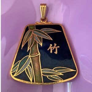 Estate 70s Cloisonne pendant Bamboo design Sinogram, in Gold tone, Unmarked